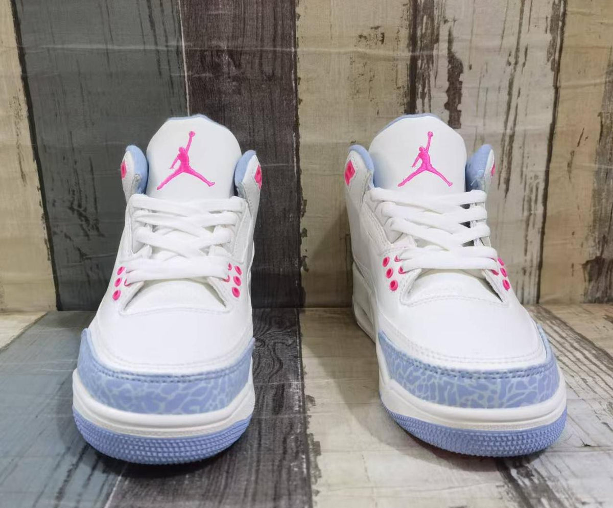 White & Light Blue Retro Sneakers with Pink Accents
