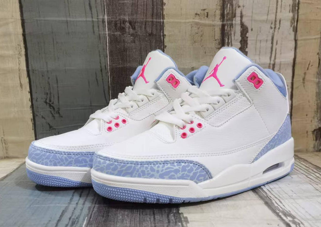 White & Light Blue Retro Sneakers with Pink Accents