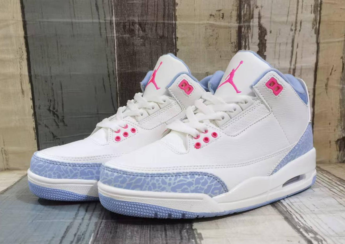 White & Light Blue Retro Sneakers with Pink Accents