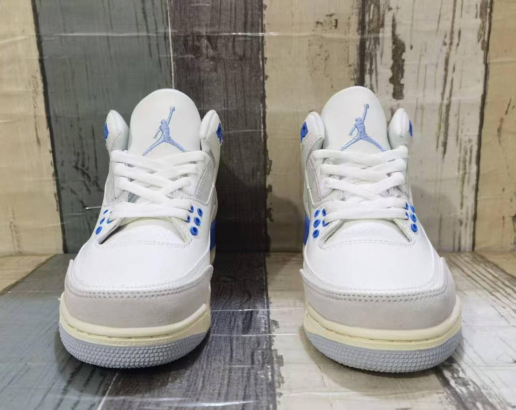 White & Grey Retro Sneakers with Blue Accents