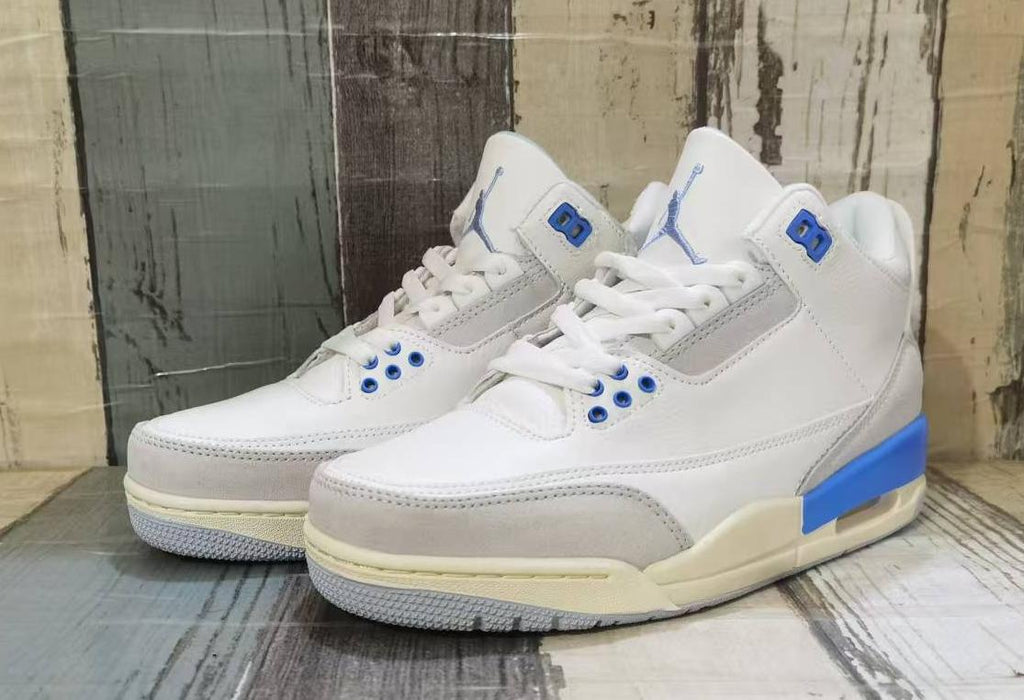White & Grey Retro Sneakers with Blue Accents