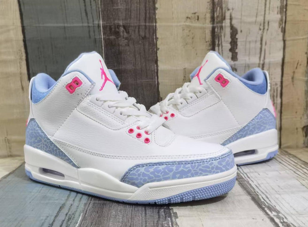 White & Light Blue Retro Sneakers with Pink Accents